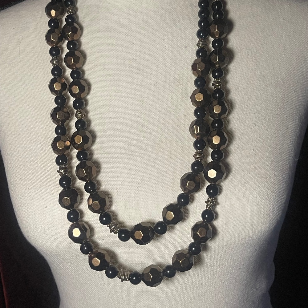 Chico's Long Double Black & Bronze Beads Necklace